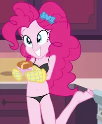 Size: 1257x1533 | Tagged: suggestive, banned from derpibooru, deleted from derpibooru, derpibooru import, edit, edited screencap, editor:grapefruitface, screencap, pinkie pie, equestria girls, equestria girls series, holidays unwrapped, spoiler:eqg series (season 2), barefoot, black underwear, breasts, clothes, cropped, feet, oven mitts, ramekin, saving pinkie's pie, solo, souffle, underwear, underwear edit