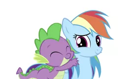 Size: 750x479 | Tagged: safe, banned from derpibooru, deleted from derpibooru, derpibooru import, edit, editor:undeadponysoldier, rainbow dash, spike, dragon, pegasus, pony, cute, female, hug, male, mare, rainbowspike, shipping, simple background, spikelove, straight, white background