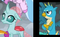 Size: 1280x800 | Tagged: safe, banned from derpibooru, deleted from derpibooru, derpibooru import, edit, edited screencap, screencap, gallus, ocellus, sandbar, silverstream, smolder, changedling, changeling, dragon, gryphon, hippogriff, pony, the ending of the end, cropped