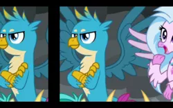 Size: 1280x800 | Tagged: safe, banned from derpibooru, deleted from derpibooru, derpibooru import, edit, edited screencap, screencap, gallus, sandbar, silverstream, smolder, dragon, gryphon, hippogriff, pony, the ending of the end, cropped