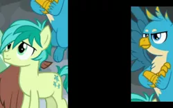 Size: 1280x800 | Tagged: safe, banned from derpibooru, deleted from derpibooru, derpibooru import, edit, edited screencap, screencap, gallus, sandbar, yona, gryphon, hippogriff, yak, the ending of the end, cropped
