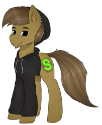 Size: 473x582 | Tagged: safe, artist:almond evergrow, banned from derpibooru, deleted from derpibooru, derpibooru import, oc, oc:almond evergrow, unofficial characters only, earth pony, pony, black hoodie, clothes, ear piercing, eyebrows, facial hair, goatee, hoodie, jaw fluff, looking at you, male, piercing, simple background, stallion, transparent background