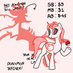 Size: 1065x1063 | Tagged: safe, artist:nightmare fuel, banned from derpibooru, deleted from derpibooru, derpibooru import, pony, advertisement, animated, auction, commission, female, gif, looking at you, male, mare, pokéball, pokémon, pokémon trainer, smiling, solo, stallion, ych example, your character here