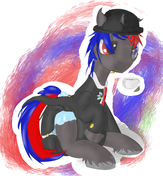 Size: 844x912 | Tagged: questionable, artist::snowfrost, banned from derpibooru, deleted from derpibooru, derpibooru import, oc, unofficial characters only, pony, unicorn, button, clothes, corsage, cup, diaper, diaper fetish, fetish, flower, food, hat, male, monocle, necktie, onesie, poofy diaper, red and black oc, shirt, simple background, solo, stallion, tea, teacup, tuxedo, undershirt