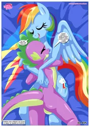 Size: 1200x1697 | Tagged: suggestive, artist:bbmbbf, banned from derpibooru, deleted from derpibooru, derpibooru import, rainbow dash, spike, anthro, equestria untamed, female, hug, image, jpeg, male, nudity, palcomix, rainbowspike, shipping, sleeping, smiley face, straight