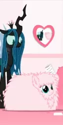 Size: 217x428 | Tagged: safe, artist:mixermike622, banned from derpibooru, deleted from derpibooru, derpibooru import, queen chrysalis, oc, oc:fluffle puff, changeling, changeling queen, cropped, duo, female, food, nervous, newspaper, photo, picture frame, poptart, prone, shrunken pupils, standing up, video at source