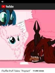 Size: 410x541 | Tagged: safe, artist:mixermike622, banned from derpibooru, deleted from derpibooru, derpibooru import, queen chrysalis, oc, oc:fluffle puff, oc:marksaline, changeling, changeling queen, original species, alternate design, couch, counter, counterparts, evil eyes, female, food, icon, looking down, mouth play, newspaper, open mouth, poptart, sharp teeth, sound at source, teeth, this will not end well, title, tongue out, video at source, wide eyes, youtube, youtube link