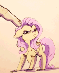 Size: 493x600 | Tagged: safe, artist:buttersprinkle, artist:szafir87, banned from derpibooru, deleted from derpibooru, derpibooru import, fluttershy, pegasus, pony, angry, animated, female, finger, fluttershy is not amused, gif, grumpy, hand, mare, micro, offscreen character, offscreen human, petting, raised hoof, simple background, smol, tiny, tiny ponies, unamused