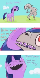 Size: 1404x2715 | Tagged: safe, artist:irongasm, banned from derpibooru, deleted from derpibooru, derpibooru import, twilight sparkle, a friendly gentleman, comic, conversation, derp, gentleman, greeting, greetings, hello, monster, red eyes, wat