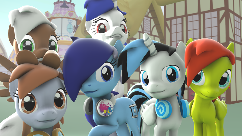 Size: 1920x1080 | Tagged: safe, artist:furima, banned from derpibooru, deleted from derpibooru, derpibooru import, oc, oc:brushie brusha, oc:furima, oc:greeny awkward, oc:victoreditor, earth pony, pony, 3d, cutie mark, headphones, ponyville, source filmmaker