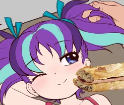 Size: 872x741 | Tagged: artist needed, suggestive, banned from derpibooru, deleted from derpibooru, derpibooru import, edit, starlight glimmer, human, blushing, cropped, food, humanized, light skin, lolicon, not porn, offscreen character, one eye closed, pigtails, ribbon, sandwich, sandwich censorship, smiling, underage, younger