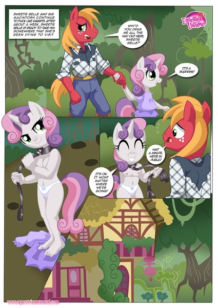 Size: 1024x1447 | Tagged: questionable, artist:bbmbbf, banned from derpibooru, deleted from derpibooru, derpibooru import, big macintosh, sweetie belle, anthro, comic:be my special somepony, equestria untamed, bdsm, be my special somepony, breasts, collar, comic, delicious flat chest, female, femsub, flatie belle, kinky, leash, lolicon, male, nipples, nudity, palcomix, shipping, straight, submissive, sweetiemac, underage