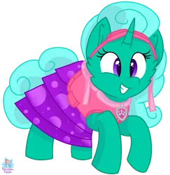 Size: 1187x1220 | Tagged: safe, artist:rainbow eevee, banned from derpibooru, deleted from derpibooru, derpibooru import, glitter drops, pony, unicorn, series:sprglitemplight life jacket days, series:springshadowdrops life jacket days, clothes, collar, crossover, female, goggles, happy, jetpack, paw patrol, simple background, skye, skye (paw patrol), solo, transparent background, vector