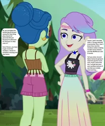 Size: 742x892 | Tagged: safe, banned from derpibooru, deleted from derpibooru, derpibooru import, edit, edited screencap, editor:thomasfan45, screencap, laurel jade, snow flower, human, equestria girls, equestria girls series, sunset's backstage pass!, spoiler:eqg series (season 2), 1000 hours in ms paint, background human, butt, clothes, cropped, cute, description is relevant, dress, duo, duo female, ear piercing, earring, female, hair bun, halter top, headband, implied brainwashing, implied space camp (character), implied wallflower blush, jewelry, mind control, necklace, piercing, pine tree, sexy, shorts, skirt, sleeveless, speech bubble, starswirl music festival, story included, tanktop, tree, umbrella