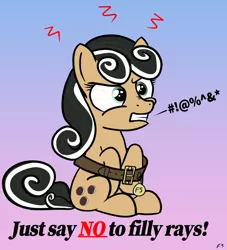 Size: 700x770 | Tagged: safe, artist:flyingsaucer, banned from derpibooru, deleted from derpibooru, derpibooru import, oc, oc:flying saucer, age regression, angry, bloodshot eyes, censored vulgarity, collar, female, filly, gradient background, grawlixes, gritted teeth, pet tag, rule 63, sitting, transformation