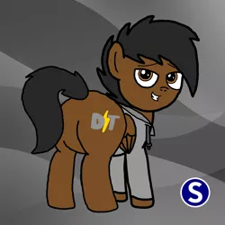 Size: 2469x2469 | Tagged: safe, artist:sebtheartist, banned from derpibooru, deleted from derpibooru, derpibooru import, oc, oc:dashing thunder, pegasus, pony, abstract background, bedroom eyes, butt, clothes, gray background, grin, hoodie, plot, sebastien logo, signature, simple background, smiling, solo