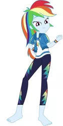 Size: 432x867 | Tagged: safe, artist:marcorois, banned from derpibooru, deleted from derpibooru, derpibooru import, edit, editor:thomasfan45, rainbow dash, human, equestria girls, equestria girls series, street chic, spoiler:eqg series (season 2), barefoot, clothes, converse, cool, cute, cutie mark, cutie mark on clothes, edited vector, feet, female, geode of super speed, jacket, magical geodes, pants, shoes, simple background, solo, transparent background, vector, wristband