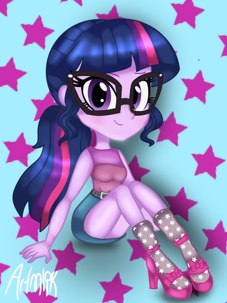 Size: 1536x2048 | Tagged: safe, artist:artmlpk, banned from derpibooru, deleted from derpibooru, derpibooru import, sci-twi, twilight sparkle, equestria girls, alternate hairstyle, belt, clothes, cute, female, high heels, looking at you, shoes, short skirt, skirt, smiling, smiling at you, solo, twiabetes