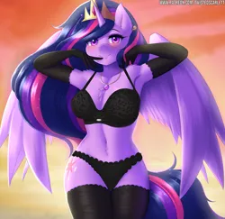 Size: 1600x1553 | Tagged: suggestive, artist:twistedscarlett60, banned from derpibooru, deleted from derpibooru, derpibooru import, edit, editor:neondash, twilight sparkle, alicorn, anthro, the last problem, armpits, beautiful, beautisexy, big breasts, blushing, breasts, busty twilight sparkle, clothes, crown, cute, digital art, female, image, jewelry, older, older twilight, panties, png, princess twilight 2.0, queen twilight, regalia, sexy, smiling, solo, solo female, stupid sexy twilight, twilight sparkle (alicorn), underwear