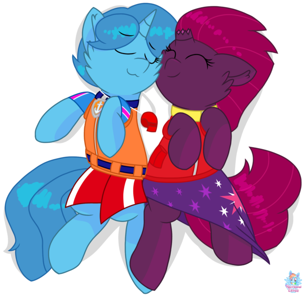 Size: 1704x1656 | Tagged: safe, artist:rainbow eevee, banned from derpibooru, deleted from derpibooru, derpibooru import, fizzlepop berrytwist, spring rain, tempest shadow, pony, unicorn, series:sprglitemplight life jacket days, series:springshadowdrops life jacket days, broken horn, clothes, collar, cute, dress, duo, female, horn, lesbian, lifeguard, lifeguard spring rain, marshall, marshall (paw patrol), paw patrol, shipping, simple background, sleeping, snuggling, springshadow, together, transparent background, vector, whistle, whistle necklace, zuma, zuma (paw patrol)