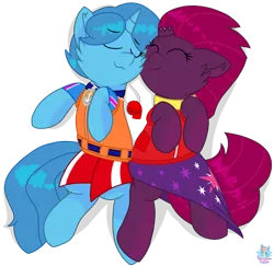 Size: 1704x1656 | Tagged: safe, artist:rainbow eevee, banned from derpibooru, deleted from derpibooru, derpibooru import, fizzlepop berrytwist, spring rain, tempest shadow, pony, unicorn, series:sprglitemplight life jacket days, series:springshadowdrops life jacket days, broken horn, clothes, collar, cute, dress, duo, female, horn, lesbian, lifeguard, lifeguard spring rain, marshall, marshall (paw patrol), paw patrol, shipping, simple background, sleeping, snuggling, springshadow, together, transparent background, vector, whistle, whistle necklace, zuma, zuma (paw patrol)