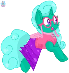 Size: 1385x1459 | Tagged: safe, artist:rainbow eevee, banned from derpibooru, deleted from derpibooru, derpibooru import, glitter drops, pony, unicorn, series:sprglitemplight life jacket days, series:springshadowdrops life jacket days, clothes, collar, crossover, cute, dress, female, goggles, jetpack, paw patrol, simple background, skye, skye (paw patrol), solo, swimsuit, transparent background, vector