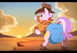 Size: 1280x880 | Tagged: suggestive, artist:kurikia, banned from derpibooru, deleted from derpibooru, derpibooru import, oc, oc:starling, pony, unicorn, bandana, bipedal, boots, clothes, cowboy boots, cowboy hat, diaper, diaper fetish, fetish, hat, male, shoes, solo, stallion, sunrise