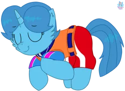 Size: 1876x1365 | Tagged: safe, artist:rainbow eevee, banned from derpibooru, deleted from derpibooru, derpibooru import, spring rain, pony, unicorn, series:sprglitemplight life jacket days, series:springshadowdrops life jacket days, clothes, cute, eyes closed, female, lifeguard, lifeguard spring rain, paw patrol, simple background, sleeping, solo, transparent background, vector, zuma, zuma (paw patrol)