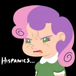 Size: 1155x1155 | Tagged: safe, artist:megasweet, banned from derpibooru, deleted from derpibooru, derpibooru import, sweetie belle, human, angry, clint eastwood, disgusted, humanized, racism, smarty belle