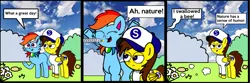 Size: 2248x750 | Tagged: safe, artist:sebtheartist, banned from derpibooru, deleted from derpibooru, derpibooru import, rainbow dash, oc, oc:ponyseb, oc:rainbow eevee, bee, earth pony, eevee, insect, pegasus, alternate color palette, bipedal, bush, comic strip, duo, flower, garfield, open mouth, outdoors, pokémon, sky, this will end in pain