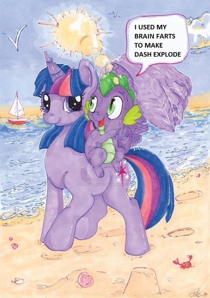 Size: 600x852 | Tagged: safe, artist:thefredricus, banned from derpibooru, deleted from derpibooru, derpibooru import, edit, spike, twilight sparkle, twilight sparkle (alicorn), alicorn, bird, crab, dragon, pony, seagull, beach, boat, deviantart watermark, dragons riding ponies, duo, explosion, female, heat, hoofprints, implied rainbow dash, ink drawing, lens flare, mare, obtrusive watermark, ocean, riding, sandcastle, seashell, sun, sun glare, sweat, traditional art, watermark, wing umbrella