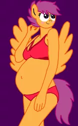 Size: 1547x2478 | Tagged: suggestive, artist:sebtheartist, banned from derpibooru, deleted from derpibooru, derpibooru import, scootaloo, anthro, pegasus, pony, adorasexy, belly, belly button, big belly, blushing, breasts, clothes, cute, cutealoo, older, older scootaloo, pregnant, pregnant scootaloo, purple background, sexy, simple background, spread wings, underwear, wings