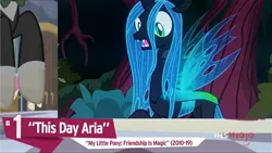 Size: 2289x1288 | Tagged: safe, banned from derpibooru, deleted from derpibooru, derpibooru import, edit, edited screencap, screencap, queen chrysalis, changeling, a canterlot wedding, the mean 6, msmojo, number one, solo, surprised, this day aria