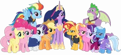Size: 20000x9000 | Tagged: safe, artist:emeraldblast63, banned from derpibooru, deleted from derpibooru, derpibooru import, applejack, fluttershy, luster dawn, pinkie pie, rainbow dash, rarity, spike, starlight glimmer, sunset shimmer, trixie, twilight sparkle, twilight sparkle (alicorn), alicorn, earth pony, pegasus, pony, unicorn, the last problem, flying, granny smith's scarf, happy, looking at you, mane six, mlp fim's ninth anniversary, older, older applejack, older fluttershy, older pinkie pie, older rainbow dash, older rarity, older spike, older twilight, older twilight sparkle (alicorn), staring into your soul, starry eyes, wingding eyes, wings