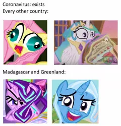 Size: 700x729 | Tagged: safe, banned from derpibooru, deleted from derpibooru, derpibooru import, edit, edited screencap, screencap, fluttershy, princess celestia, starlight glimmer, trixie, content-aware scale, coronavirus, dark comedy, meme, plague inc evolved