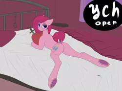 Size: 5912x4393 | Tagged: suggestive, artist:xenophilie, banned from derpibooru, deleted from derpibooru, derpibooru import, pinkie pie, earth pony, pony, bed, butt, commission, dock, holiday, looking at you, looking back, looking back at you, on bed, pillow, pinkamena diane pie, plot, raised tail, sketch, solo, sword, tail, underhoof, valentine's day, weapon, your character here
