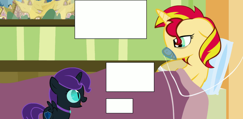 Size: 1280x631 | Tagged: questionable, artist:hakunohamikage, banned from derpibooru, deleted from derpibooru, derpibooru import, edit, sunset shimmer, oc, oc:nyx, alicorn, animated, bed, female, filly, gif