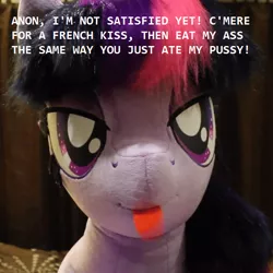 Size: 600x600 | Tagged: suggestive, artist:ponimalion, banned from derpibooru, deleted from derpibooru, derpibooru import, edit, twilight sparkle, implied anon, implied sex, messy mane, pony doll, text, tongue out