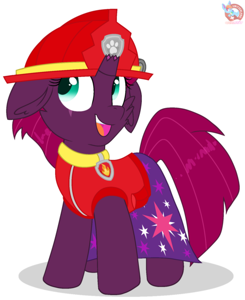 Size: 1386x1700 | Tagged: safe, artist:rainbow eevee, banned from derpibooru, deleted from derpibooru, derpibooru import, fizzlepop berrytwist, tempest shadow, pony, unicorn, series:sprglitemplight life jacket days, series:springshadowdrops life jacket days, broken horn, clothes, colored pupils, crossover, cute, cutie mark, dress, female, floppy ears, horn, looking at you, marshall, marshall (paw patrol), open mouth, paw patrol, scar, simple background, smiling, solo, teal eyes, transparent background, vector