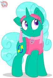 Size: 1153x1700 | Tagged: safe, artist:rainbow eevee, banned from derpibooru, deleted from derpibooru, derpibooru import, glitter drops, pony, unicorn, series:sprglitemplight life jacket days, series:springshadowdrops life jacket days, clothes, crossover, cute, cutie mark, daaaaaaaaaaaw, female, goggles, grin, paw patrol, purple eyes, simple background, skye, skye (paw patrol), smiling, solo, transparent background, vector