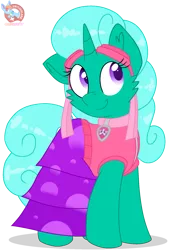 Size: 1153x1700 | Tagged: safe, artist:rainbow eevee, banned from derpibooru, deleted from derpibooru, derpibooru import, glitter drops, pony, unicorn, series:sprglitemplight life jacket days, series:springshadowdrops life jacket days, clothes, crossover, cute, cutie mark, daaaaaaaaaaaw, dress, female, goggles, grin, paw patrol, purple eyes, simple background, skye, skye (paw patrol), smiling, solo, transparent background, vector