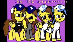 Size: 2420x1418 | Tagged: safe, artist:sebtheartist, banned from derpibooru, deleted from derpibooru, derpibooru import, oc, oc:ponyseb, oc:ponyseb 2.0, pegasus, pony, base used, blush sticker, blushing, cap, clothes, dipper's hat, evolution, grin, hat, male, nike (brand), open mouth, smiling, stallion, sweater, trace