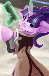 Size: 900x1385 | Tagged: safe, artist:shadowreindeer, banned from derpibooru, deleted from derpibooru, derpibooru import, starlight glimmer, pony, unicorn, angry, blue blood, cape, cloak, clothes, detroit: become human, equality mark, evil starlight, gun, looking at you, markus, staring into your soul, weapon