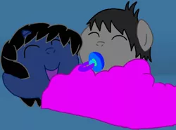 Size: 720x534 | Tagged: safe, artist:kittythenerd, banned from derpibooru, deleted from derpibooru, derpibooru import, oc, oc:frenzy, ponified, earth pony, pony, unicorn, baby, baby pony, blanket, duo, eyes closed, horton hears a who, male, pacifier, sleeping, smiling