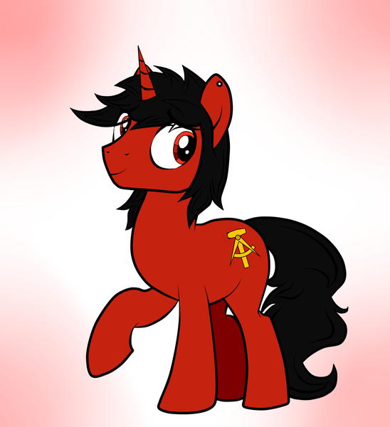 Size: 1050x1150 | Tagged: safe, artist:arrgus-korr, banned from derpibooru, deleted from derpibooru, derpibooru import, oc, oc:krasny, pony, unicorn, gdr, looking sideways, male, piercing, red background, simple background, smiling, solo, stallion