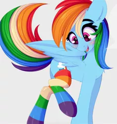 Size: 2037x2154 | Tagged: safe, artist:omi, banned from derpibooru, deleted from derpibooru, derpibooru import, edit, rainbow dash, pegasus, pony, blushing, butt fluff, cheek fluff, chest fluff, clothes, cropped, cute, cutie mark, daaaaaaaaaaaw, dashabetes, female, gray background, happy, mare, one wing out, open mouth, rainbow socks, raised hoof, simple background, smiling, socks, solo, speech bubble, striped socks, wings