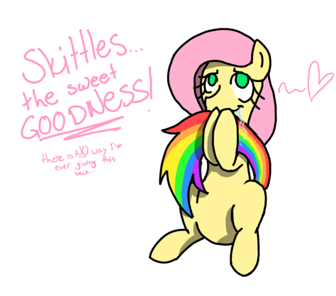 Size: 900x793 | Tagged: safe, artist:p-l-u-m-b-u-m, banned from derpibooru, deleted from derpibooru, derpibooru import, fluttershy, candy, crying, drool, food, heart (organ), organs, sitting, skittles, smelling, smiling, sniffing, tail, tail pull, tail swap