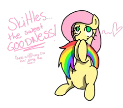 Size: 900x793 | Tagged: safe, artist:p-l-u-m-b-u-m, banned from derpibooru, deleted from derpibooru, derpibooru import, fluttershy, candy, crying, drool, food, heart (organ), organs, sitting, skittles, smelling, smiling, sniffing, tail, tail pull, tail swap