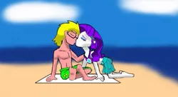 Size: 605x330 | Tagged: source needed, safe, artist:israelyabuki, banned from derpibooru, deleted from derpibooru, derpibooru import, rarity, equestria girls, equestria girls series, abs, beach, beautiful, female, glasses, kissing, love, male, romance, romantic, yellow hair