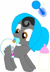 Size: 624x888 | Tagged: safe, artist:kittythenerd, banned from derpibooru, deleted from derpibooru, derpibooru import, ponified, earth pony, pony, baby, baby pony, bonnet, colt, diaper, glow, horton hears a who, looking back, magic, male, milk bottle, pacifier, rattle, safety pin, simple background, solo, telekinesis, white background